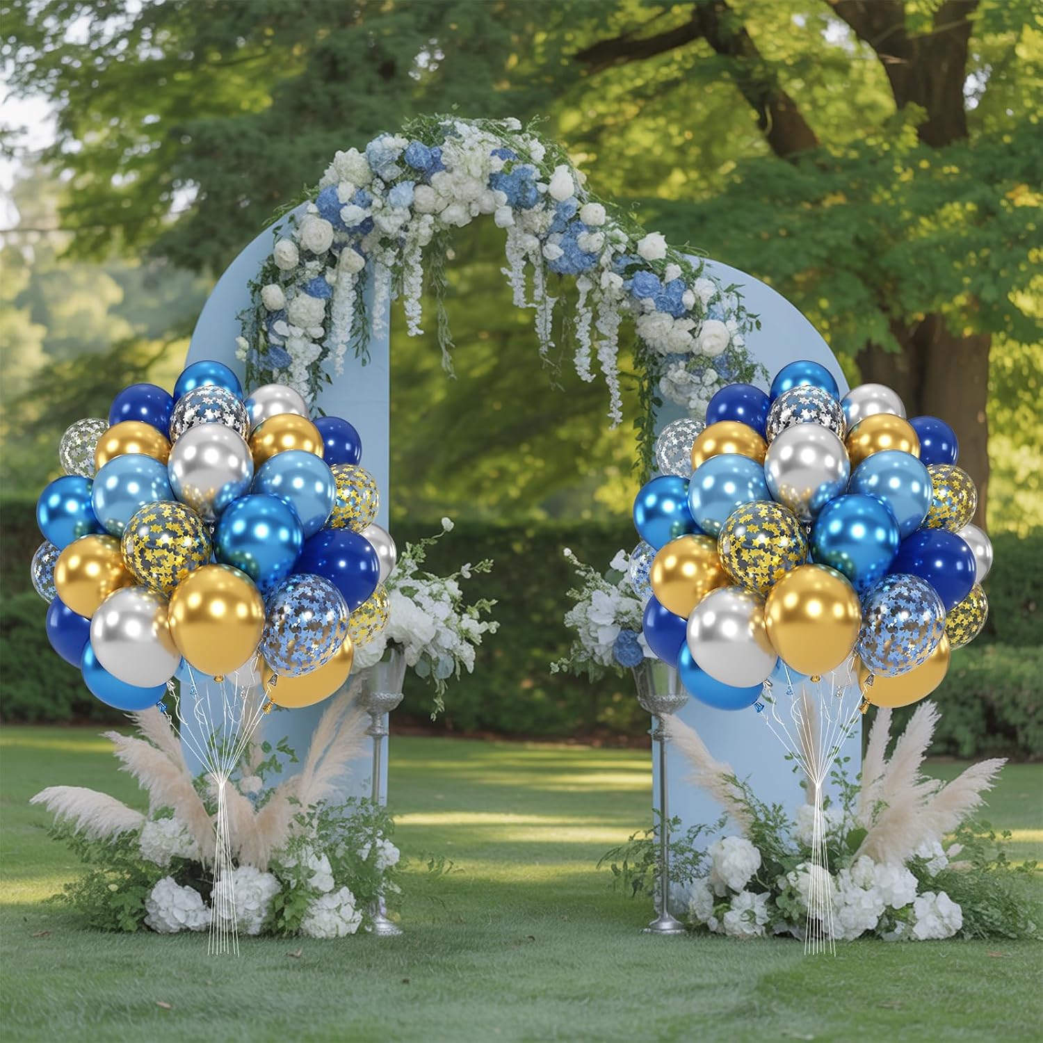 Blue Gold Silver Balloons, 50 PC 12 Inch Metallic Navy Royal Light Blue Silver Gold Balloon With Star Confetti Birthday Balloons Decoration, Kids Party Balloon for Retirement Baby Shower Boys Fathers