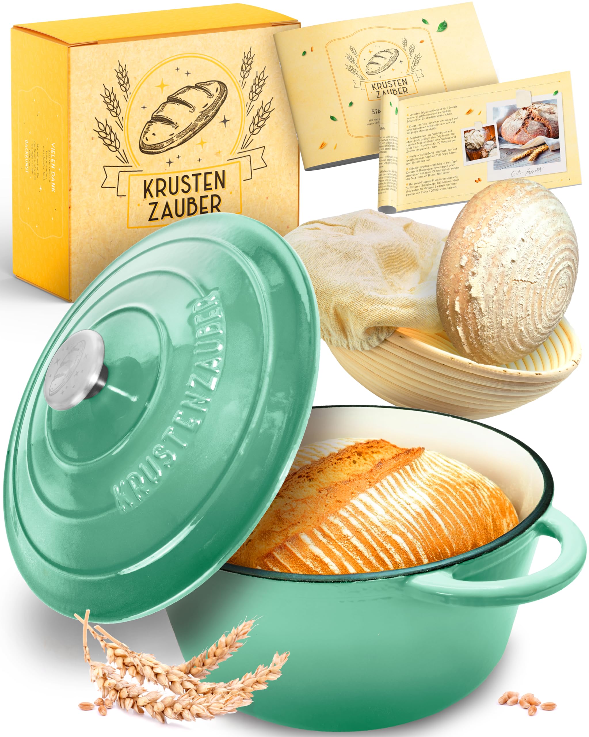 KRUSTENZAUBER Gusseisen Topf Brot backen emailliert inkl. Gärkorb - 26cm Emaille-Topf samt Zubehör - Ideal als Brotbacktopf, Brottopf, Brotbackform mit Deckel, Gusseisentopf Brotbacken, Schmortopf
