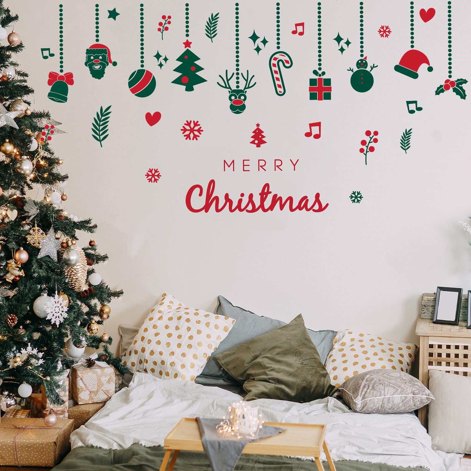 Christmas Wall Decals Peel and Stick, Removable Hanging Ornaments & Holiday Decorations with Santa, Reindeer, Christmas Tree - Image 3