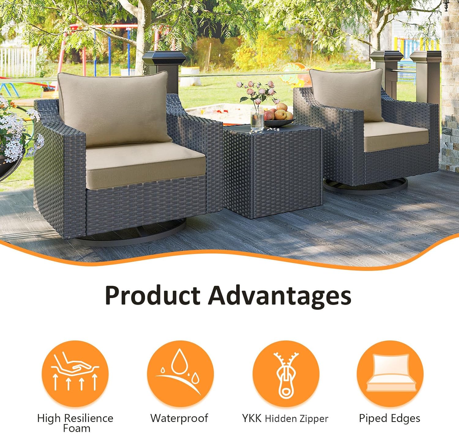 Outdoor Patio Chair Cushions Set, 24" x 24"(24x24 Back), Set of 2, Water-Repellent, Fade Resistant, Deep Seat Bottom and Back Cushion for Backyard, Couch, Sofa, Tan