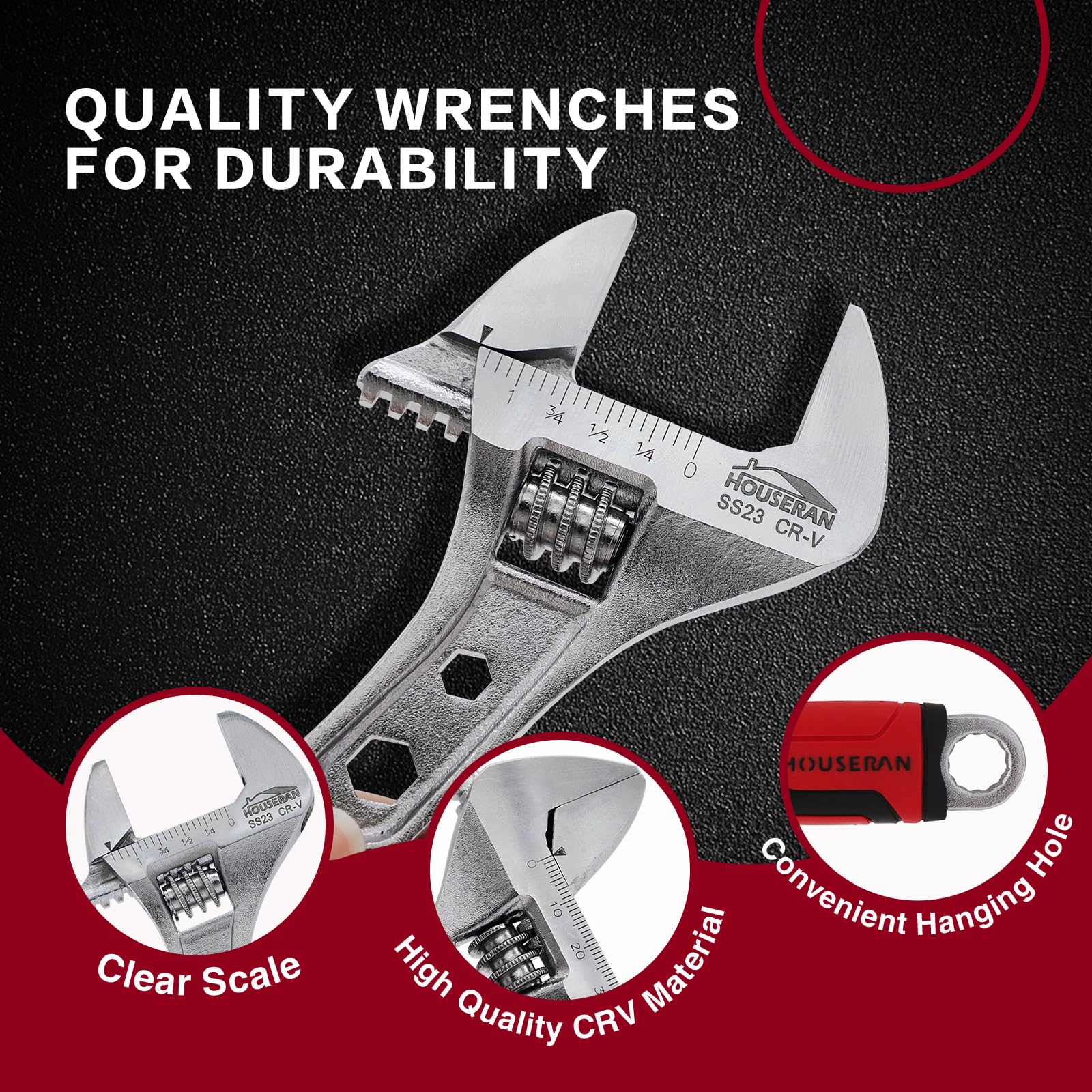 HOUSERAN 210mm Adjustable Wrench, Wide Jaw Adjustable Wrench with Anti-Slip Grips, Cr-V Steel Wrenchs for Home Repair DIY, Garage - Image 3
