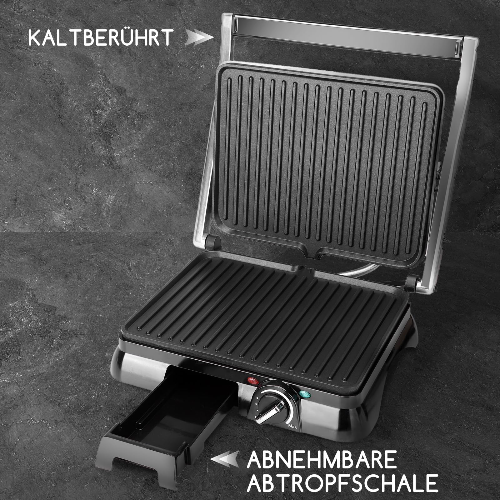 Aigostar Kontaktgrill 2000W | Temperaturkontrolle | 29,5 x 23,5 cm | 180° klappbar als Tischgrill | Antihaftbeschichtung | Fettauffangschale | Panini Grill für Steaks, Burger & Gemüse | Samson