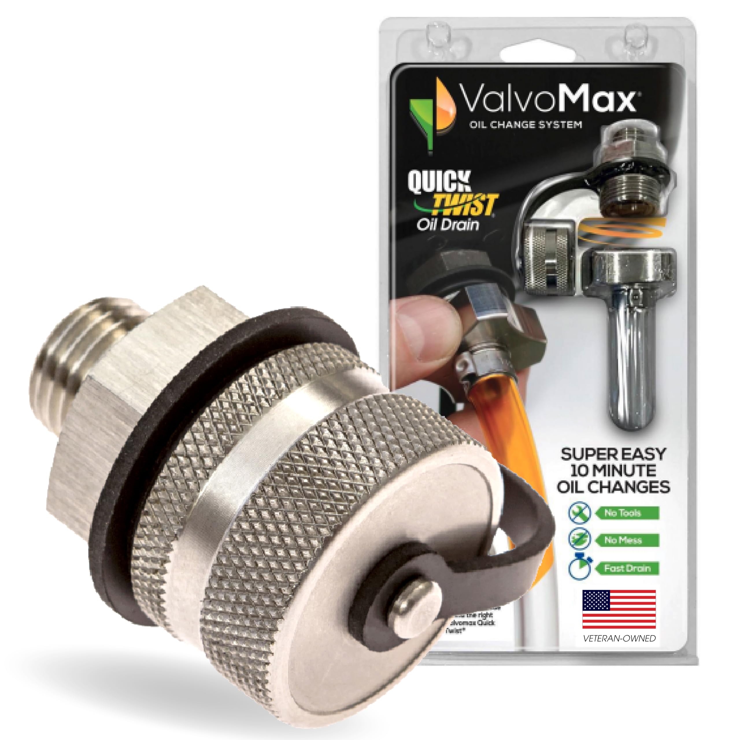 ValvoMax Quick Twist Oil Drain Valve – the Fastest, Easiest, Cleanest Way to Change Oil at Home – No Tools, No Mess, No Cleanup – for M12-1.25 - Stainless Drainer