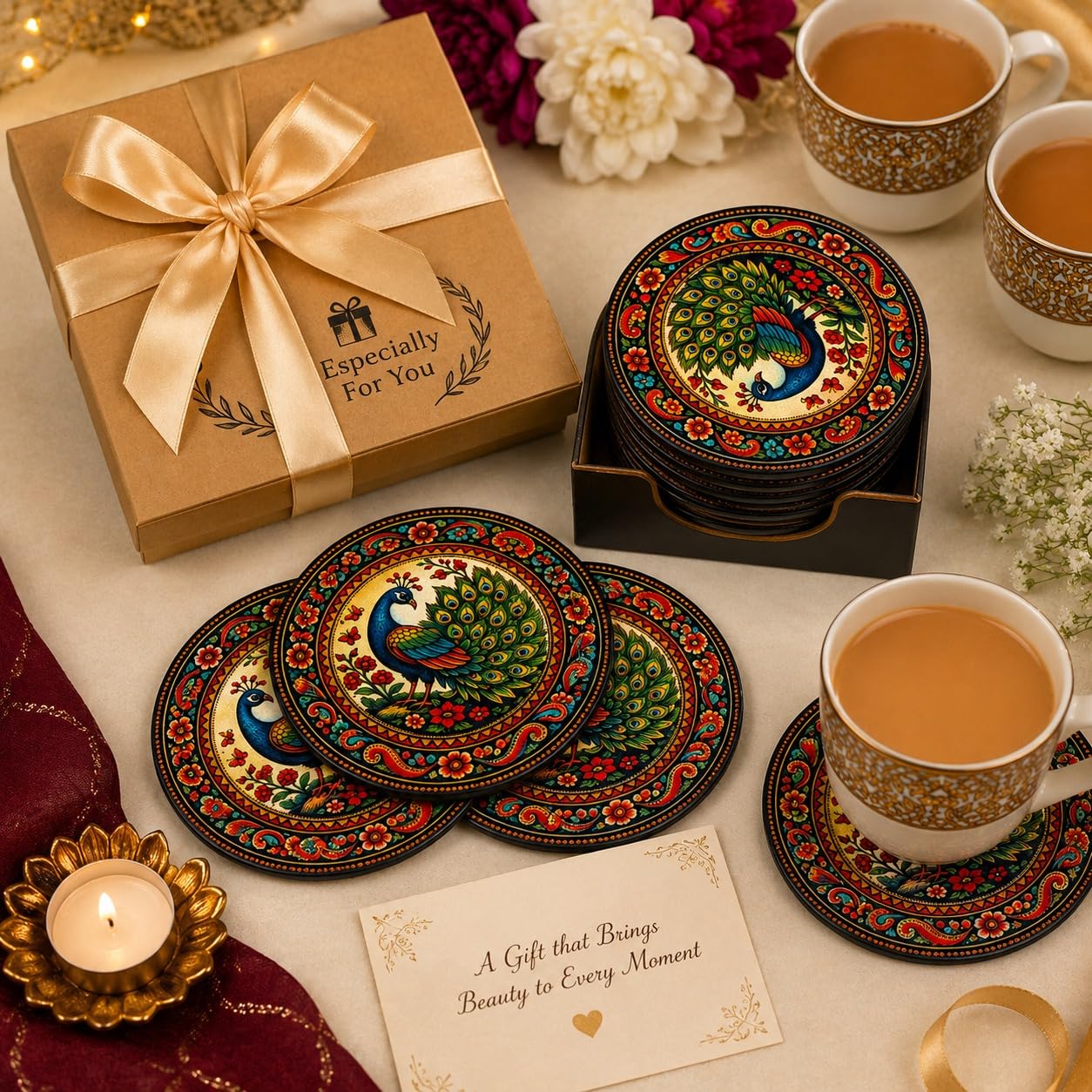 Royal Peacock Bloom — Premium Wooden Coaster Set of 4 | Traditional Indian Art Table Mats for Tea & Coffee Cups | Heat Resistant Drink Coasters for Home Décor | Unique Gift for Housewarming-image-7