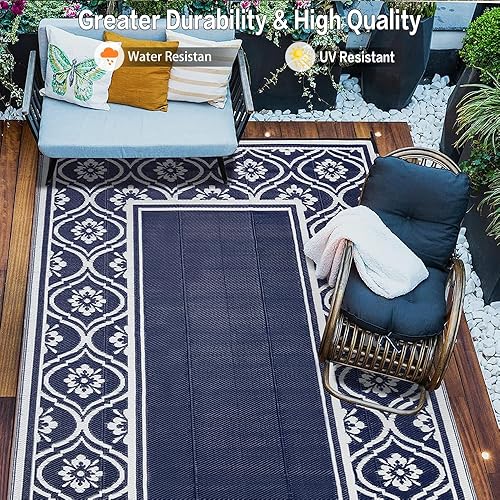 Miniatura 31 de HUGEAR Alfombra impermeable de plástico para exteriores, 5 x 8 pies, lavable, reversible, alfombra a rayas de arco iris, para camping, caravana