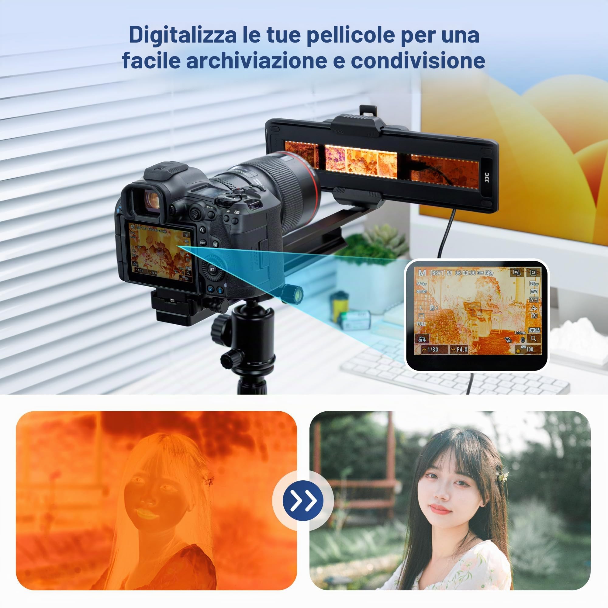 JJC Adattatore per la Digitalizzazione di Pellicole con Asta Regolabile e Set di luci LED Convertire Pellicole Negative da 35 mm e Diapositive in JPEG Digitali, per Canon Sony Nikon Obiettivo Macro