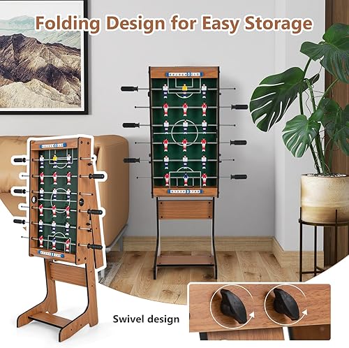 Miniatura 5 de Goplus Mesa de futbolín plegable, mesa de juego de fútbol de madera de 27 pulgadas con 2 balones de fútbol y guardadores de puntuación, juego de