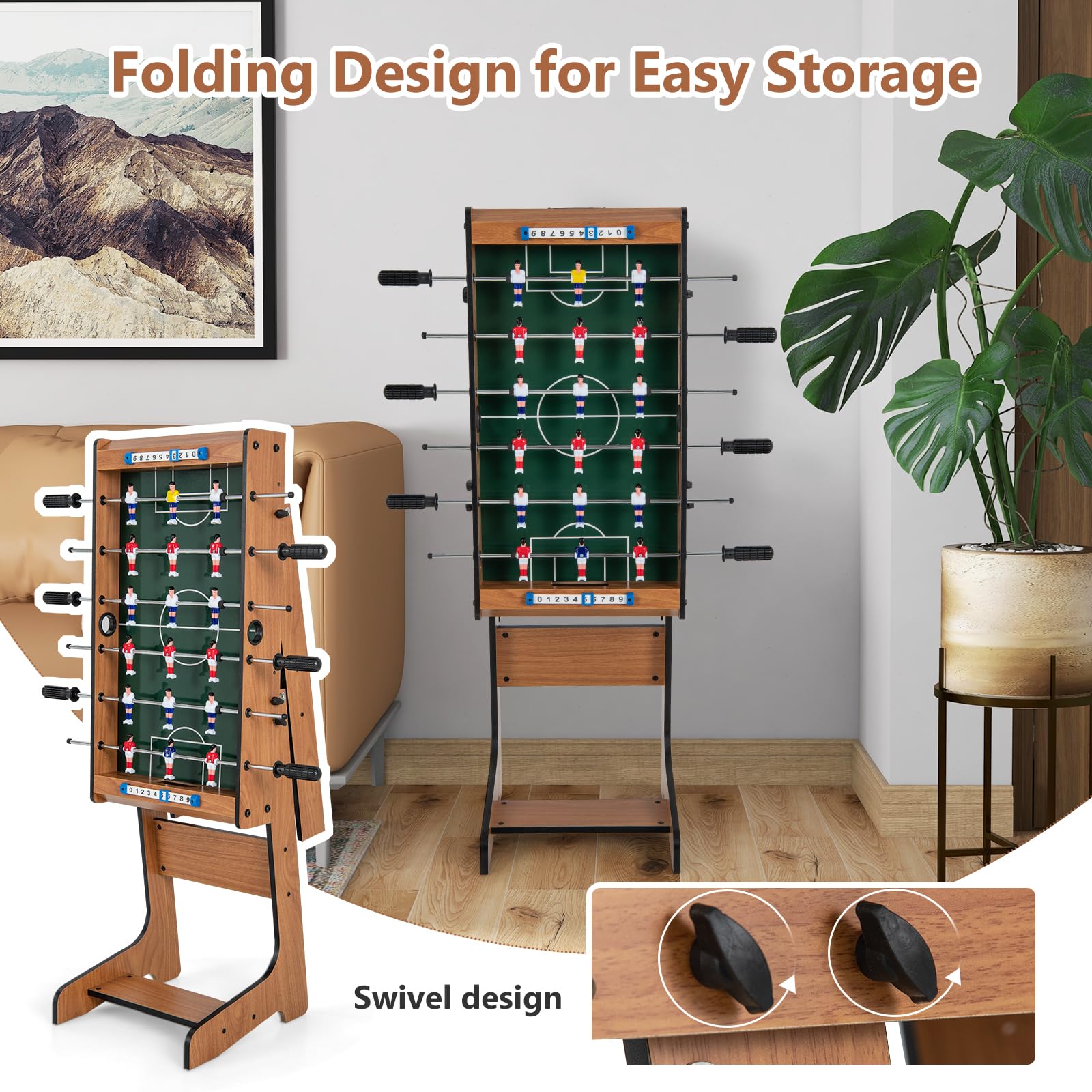 GOPLUS Futbolín de Mesa Plegable de Madera Con 2 Marcadores, 2 Cajas, 2 Balones, Para Adultos y Niños de 3+ Años, Para Bar, Sala de Juegos, Dormitorio, 69 x 36,5 x 71 CM