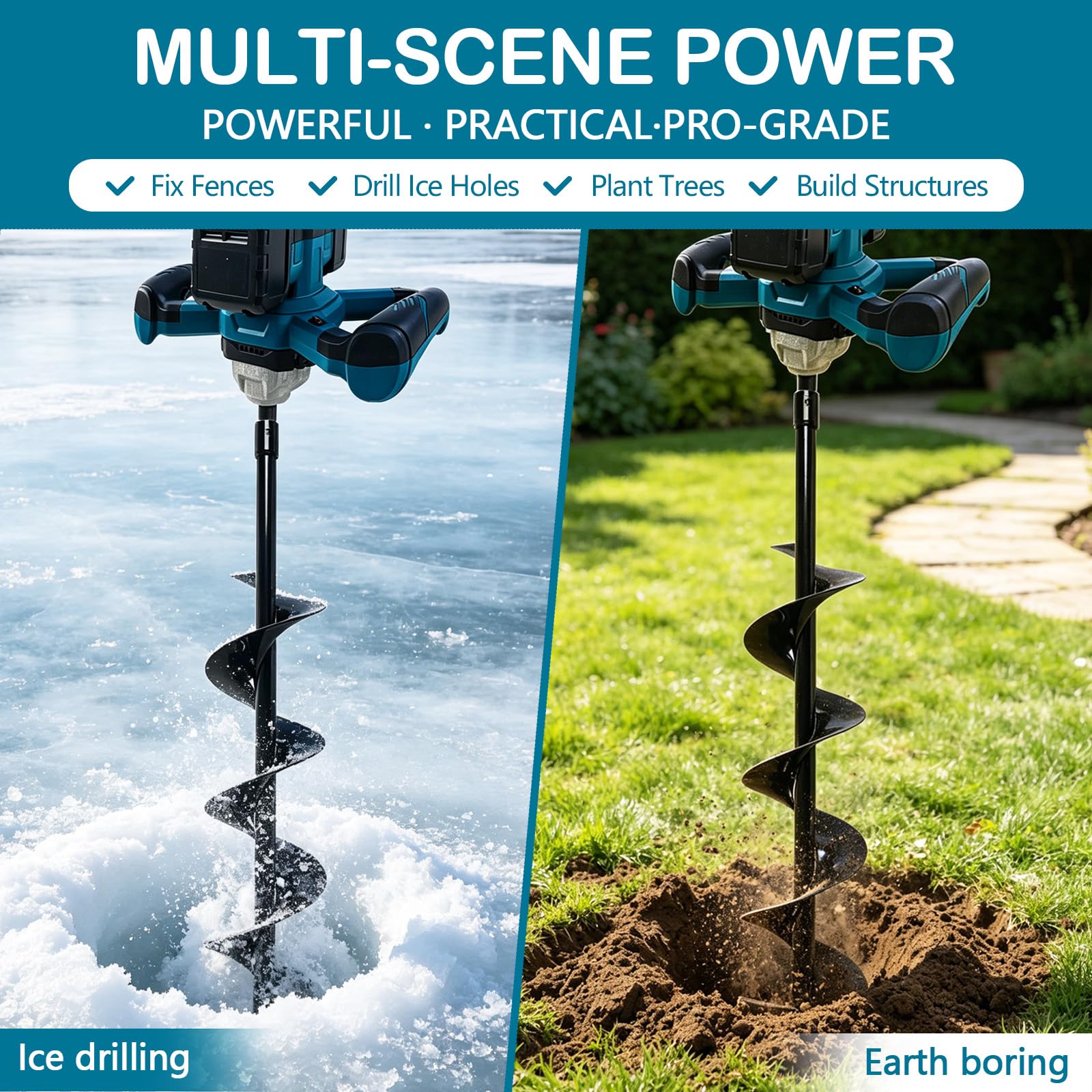 Tarière Sans Fil, 1200W Moteur Sans Balais, Tarière Professionnelle (Forets non Inclus) pour Construction de Clôtures, Jardin et Fondations, Mélangeur de Mortier, Incluse Batterie et Chargeur