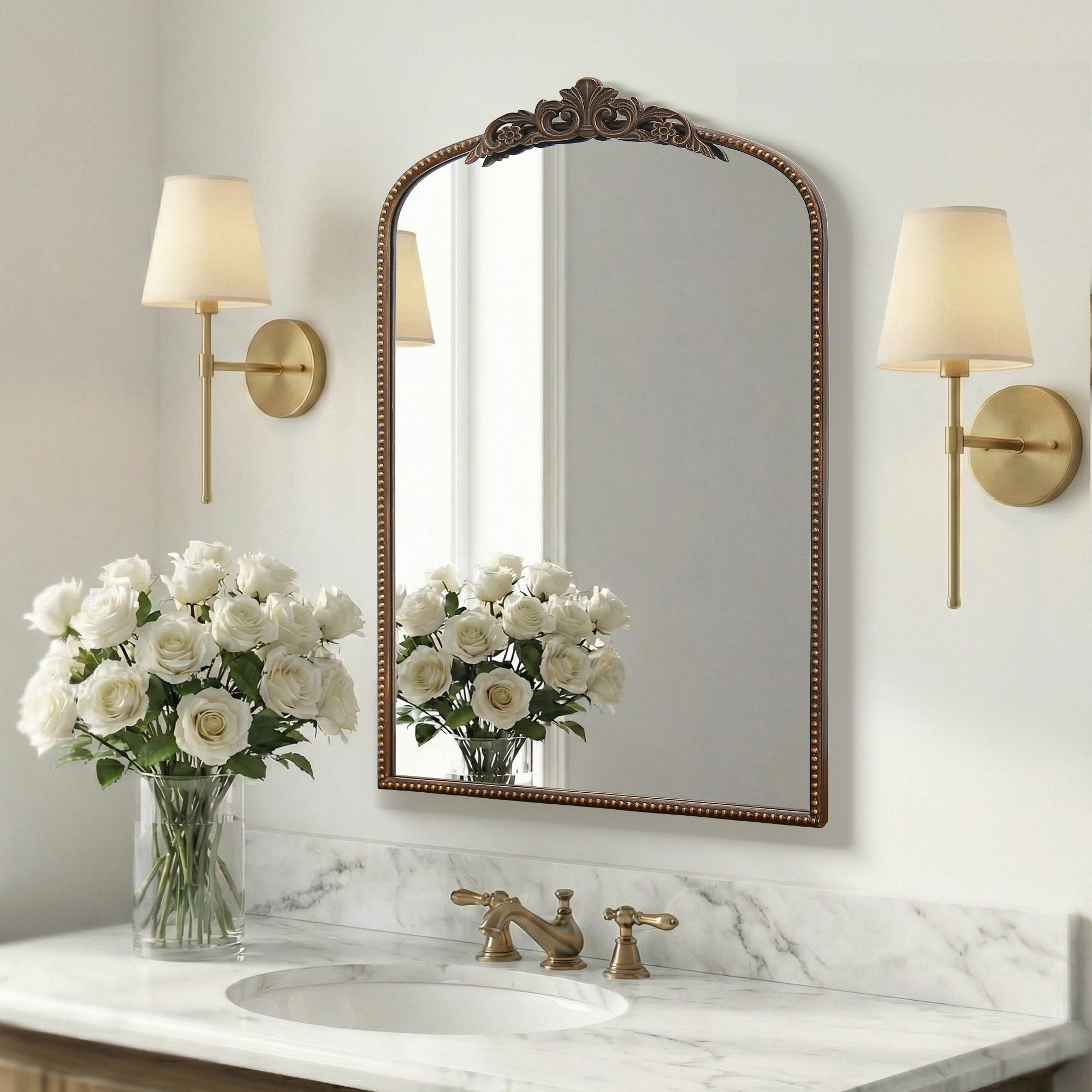 Micasso Traditional Ornate Metal Frame Arch Wall Mirror Baroque Vintage Vanity Mirror for Bathroom, Mantel, Bedroom, Antique Bronze 36"x 24"