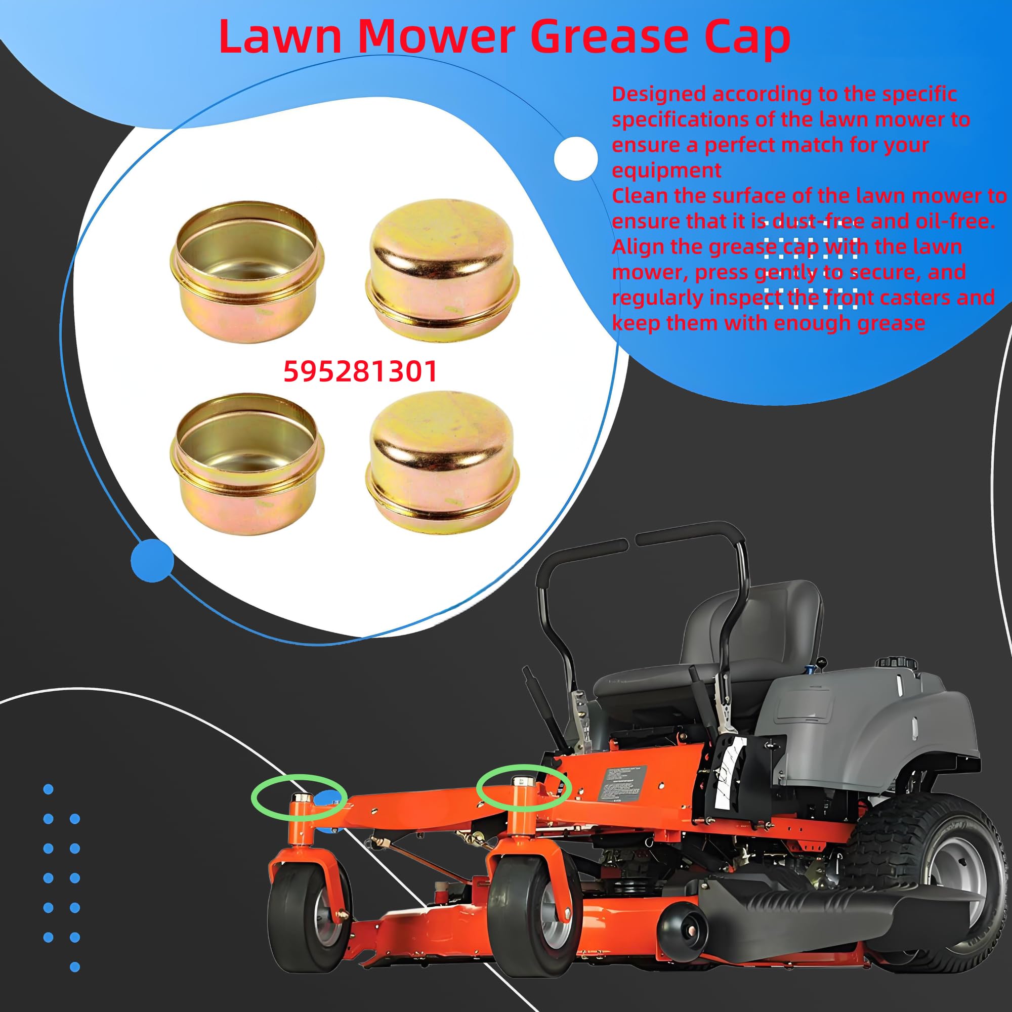 Tapa de grasa de repuesto para cortacésped Husqvarna 539102535 Toro 1-543513 Gravely 20655400 Scag 481559 (juego de 4)
