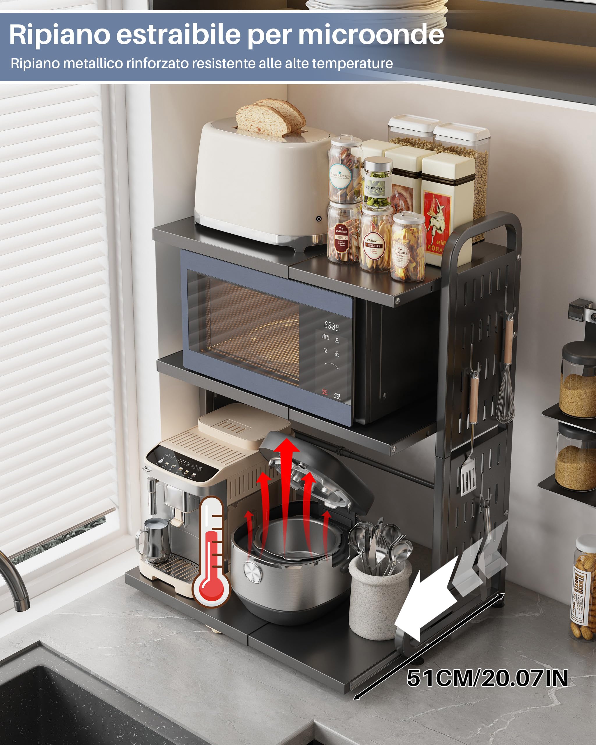 Scaffale Estraibile per Microonde con Cassetto, 3 Ripiani e 6 Ganci Metallici, Supporto per Friggitrice ad Aria e Teglie, Scaffale da Cucina Nero