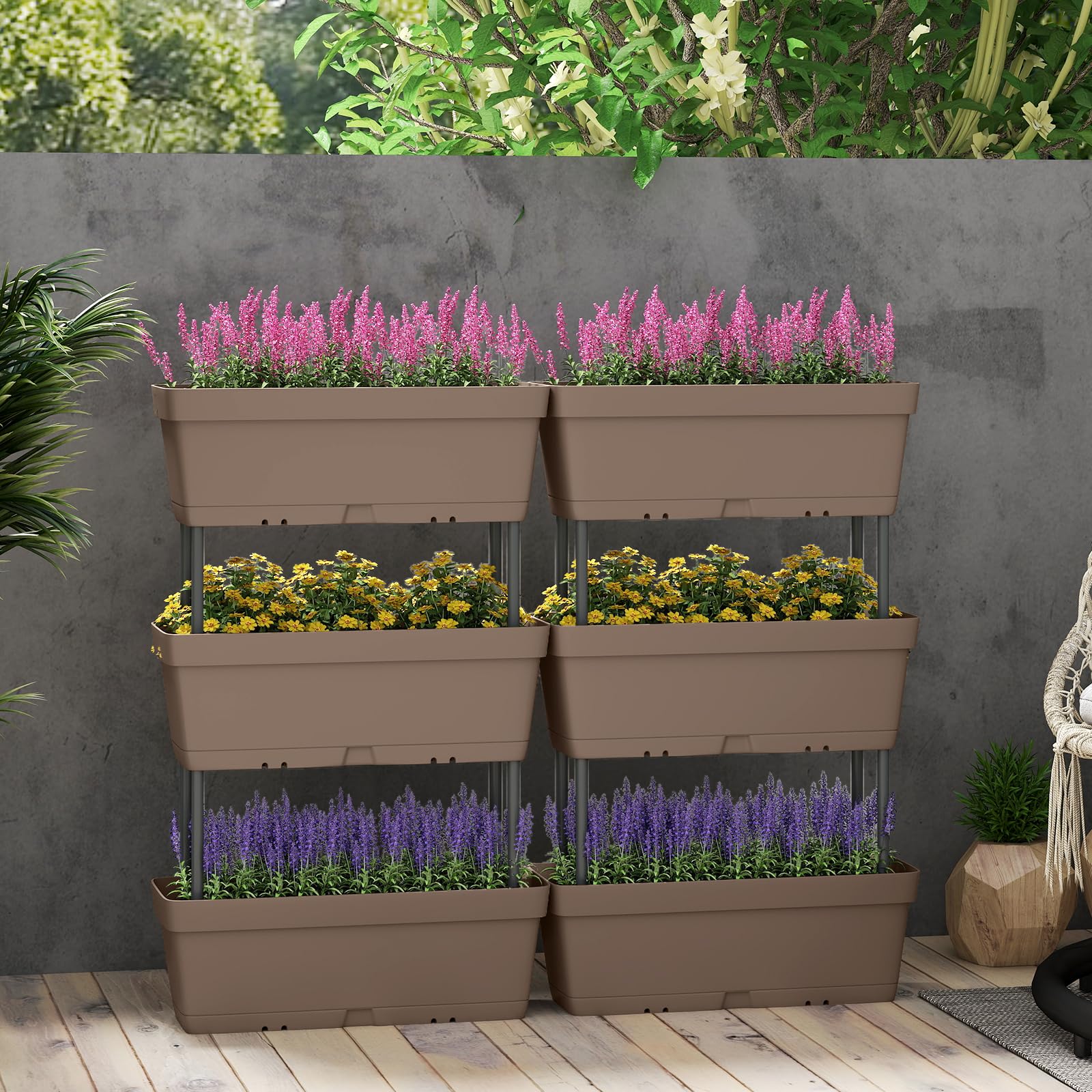 HOMASIS Juego de 6 Macetas para Flores, Jardinera Vertical para Exterior con Sistema de Drenaje, Combinación Libre, Almohadilla de Jardín Elevada en PP para Frutas, Hierbas, Vegetales (Gris)