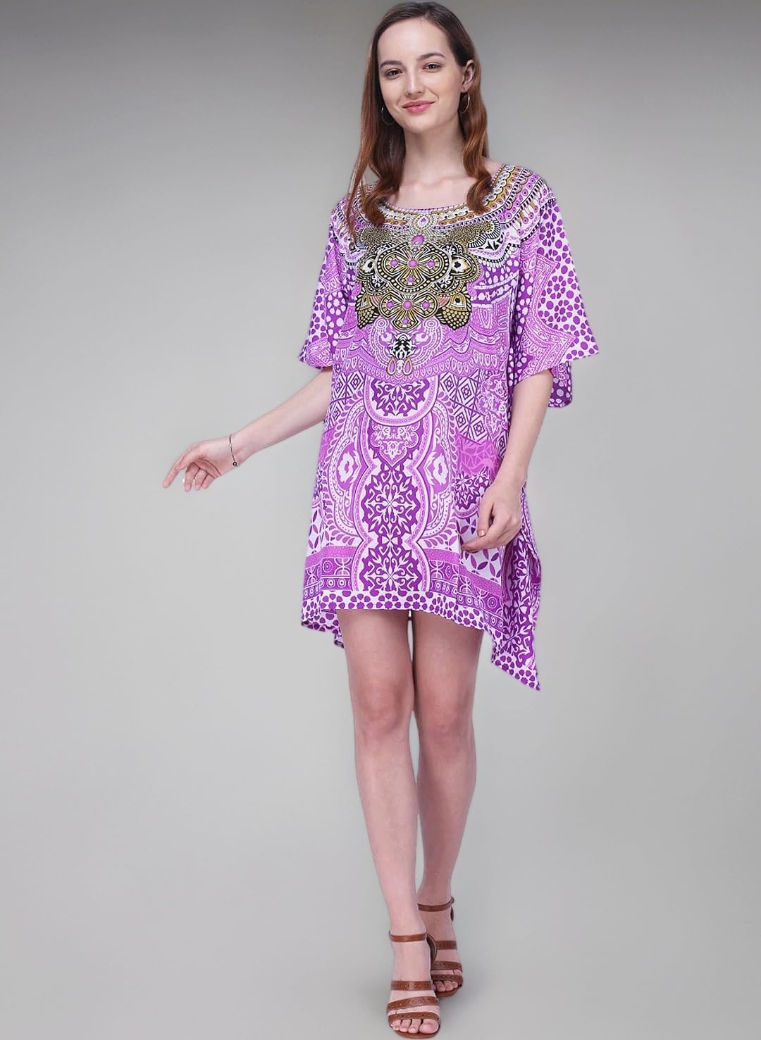 Miss Lavish London Purple Short Kaftan for Women Dress Short Caftans for Women Plus Size Kaftan Tunic Tops Summer Beach Clothing Mini Cover Ups for Ladies, V Neck Short Sleeve Vacation Swimsuit - 3XL