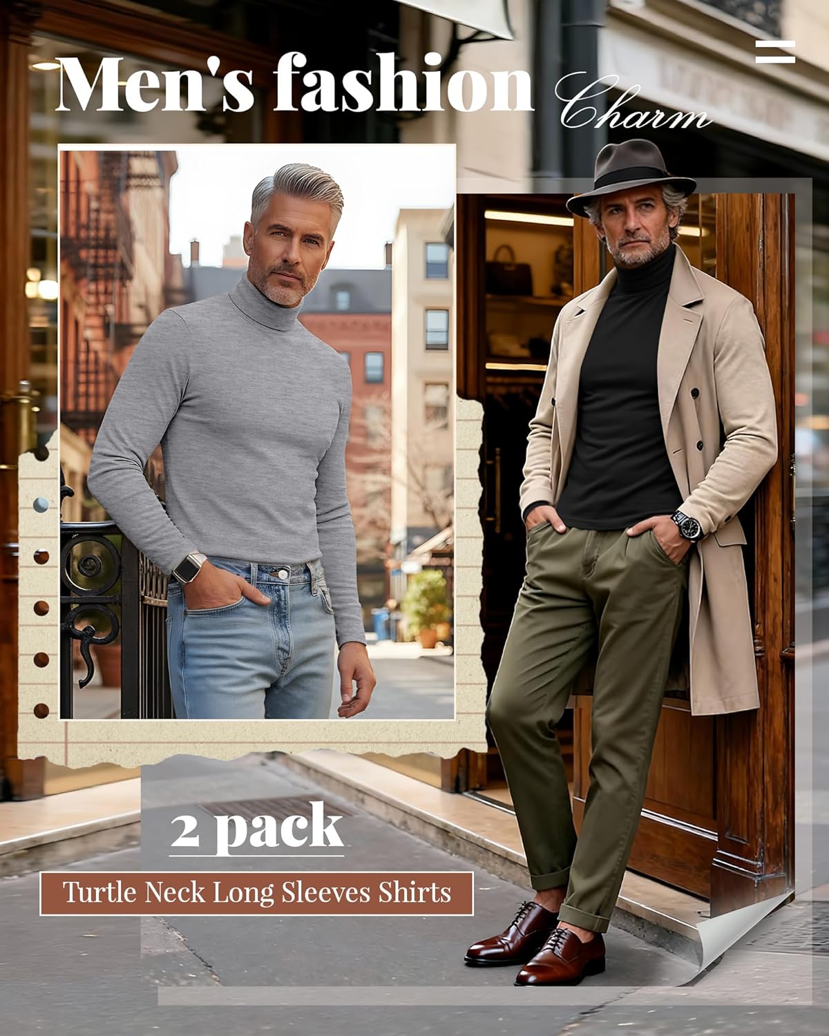 Ficerd 2 Pack Men's Turtle Neck Shirts, Lightweight Cotton Pullover Sweater Slim Fit Mock Turtleneck Knitted Long Sleeve Tops - Image 3