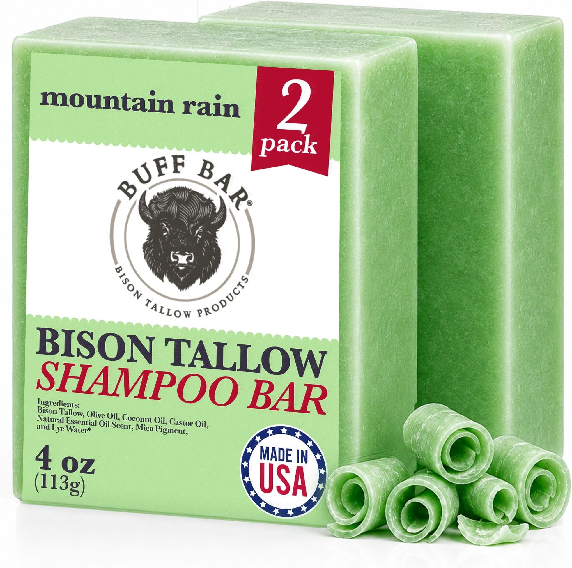 Big Crazy Buffalo Pure Bison Tallow Buff Shampoo Bar, Mountain Rain, (2 pack) - Scents of Sea Salt, Moss, & Freesia - Cleans, Moisturizes, Naturally Derived, No Dyes, No Chemicals, No Preservatives