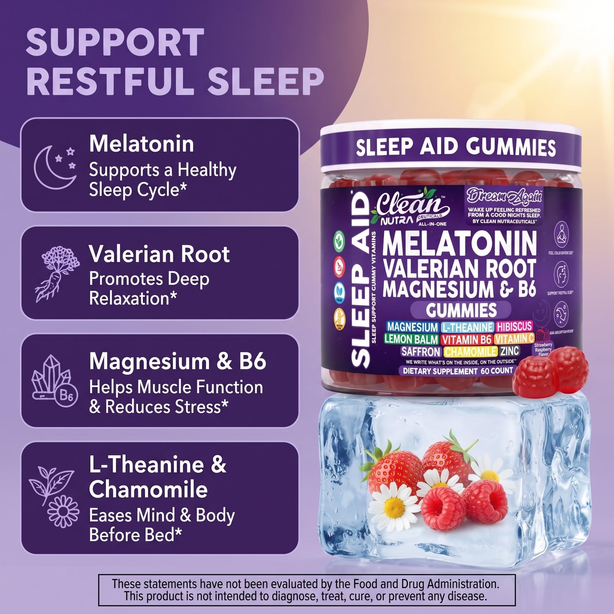 Clean Nutra Melatonin Gummies 10mg | Sleep Aid Valerian Root L-Theanine Vitamin B6 C Lemon Balm Magnesium Hibiscus Beta Carotene Saffron & Chamomile Rest Support Supplement Raspberry Flavor — Amazon image 2