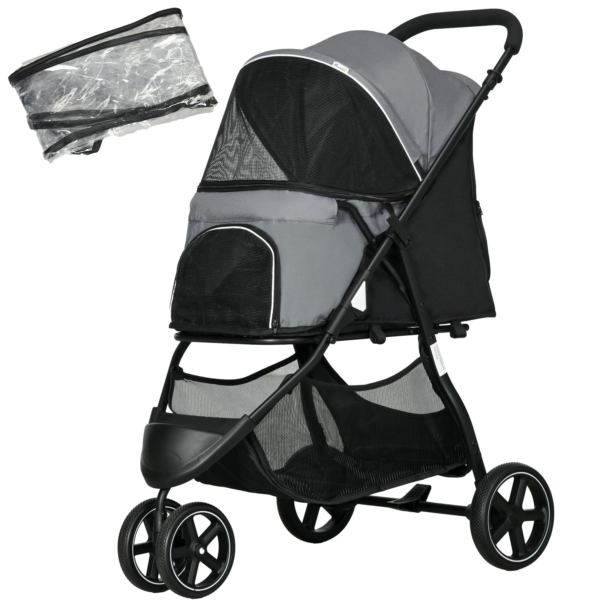 PawHut Cochecito para perros con protección contra la lluvia, 2 correas de seguridad, carrito para gatos con cesta de almacenamiento, plegable, para perros pequeños y miniaturas, Oxford, gris
