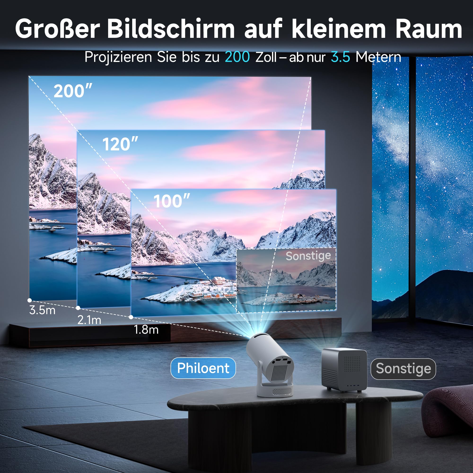 Mini Beamer, Philoent Smart Projektor 4K/1080P Unterstützt Neueste Apps WiFi 6 Bluetooth 5.4 Auto Screen Trapezkorrektur Niedriges Rauschen, Ultrakurzdistanzbeamer bietet großes Bild im kleinen Raum