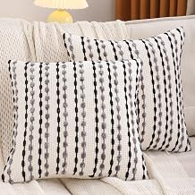 LUOYEHK Boho Throw Pillow Covers 18x18 Set of 2 Farmhouse Pillow Covers Stripe Decorative Accent Chenille Cushion Covers for Home Decor Sofa Bed Living Room, Black&Gray