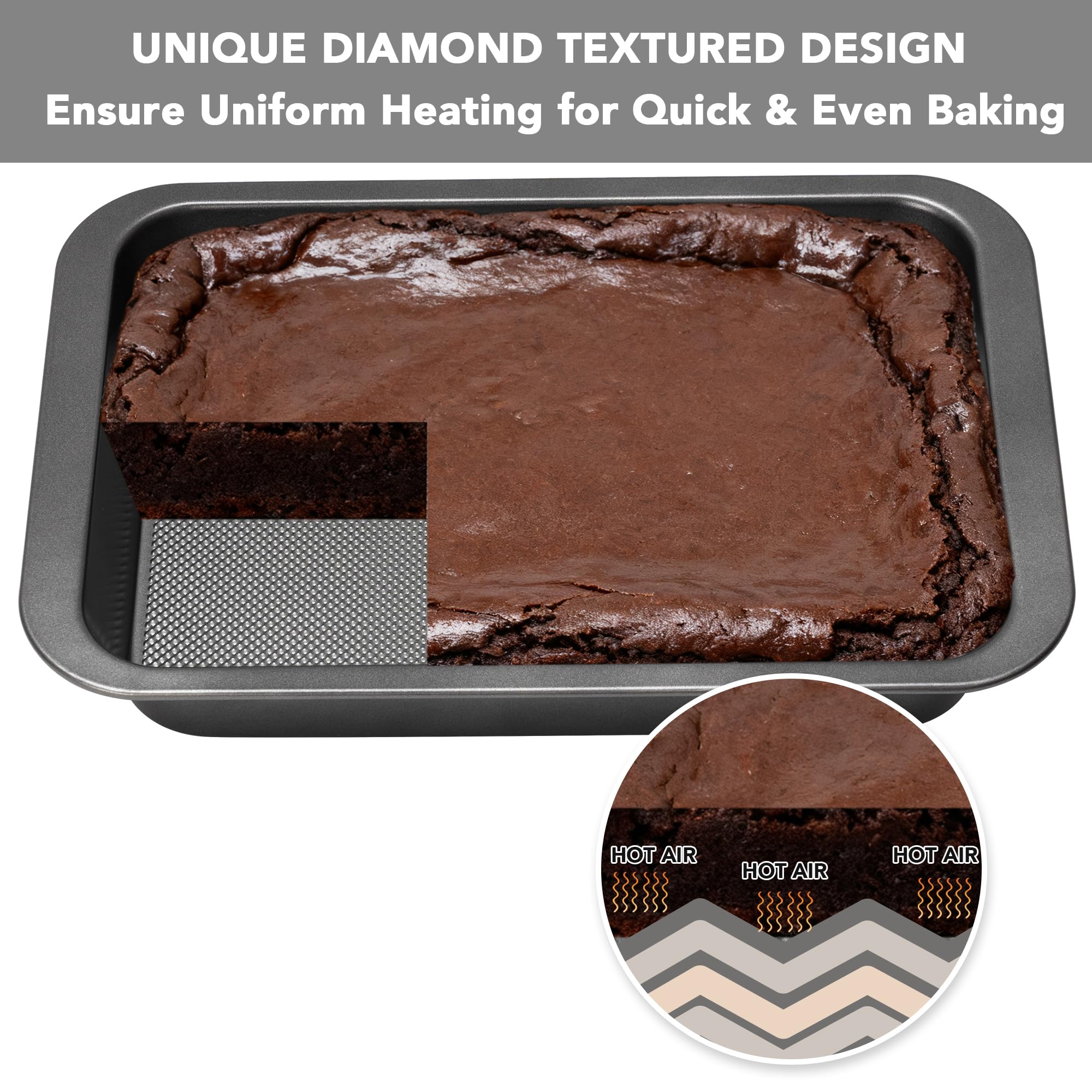Molde rectangular para tartas, antiadherente, para pasteles, pan, brownie o lasaña, resistente con patrón de textura de diamante y agarres anchos