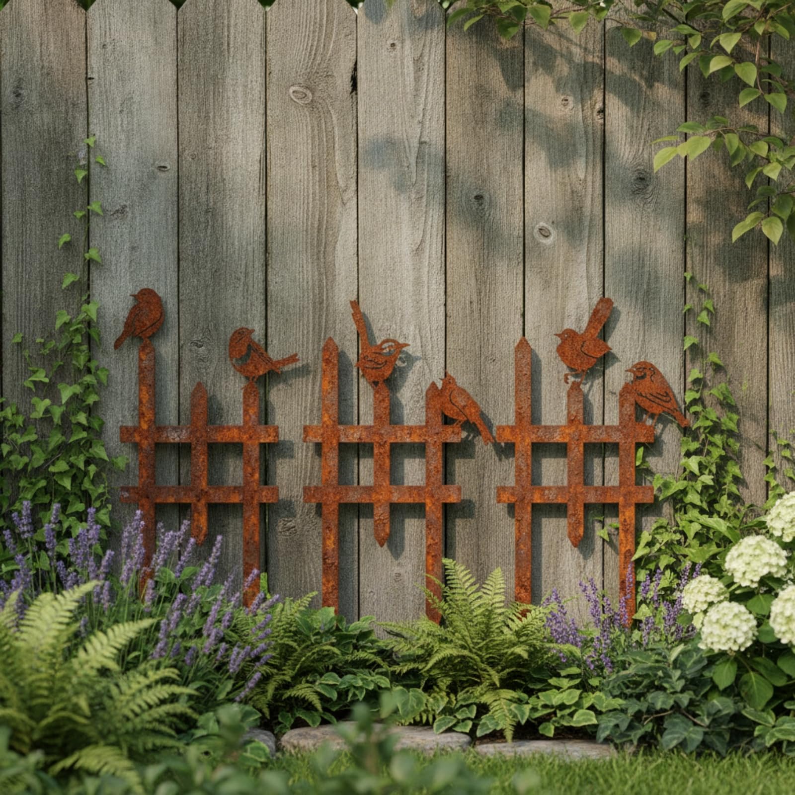 3 Pieces Recinzione a Picchetto con Uccelli Stile Steccato Fence Decorativo con Contorni di Uccelli Traforato Recinzione Decorativa da Giardino, Ruggine