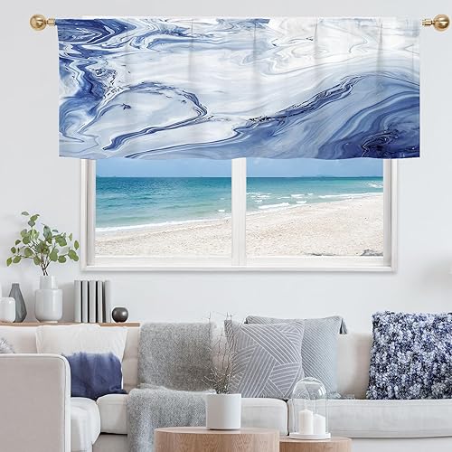 MitoVilla Navy Blue Marble Valance Curtains for Living Room, Modern Abstract Pat