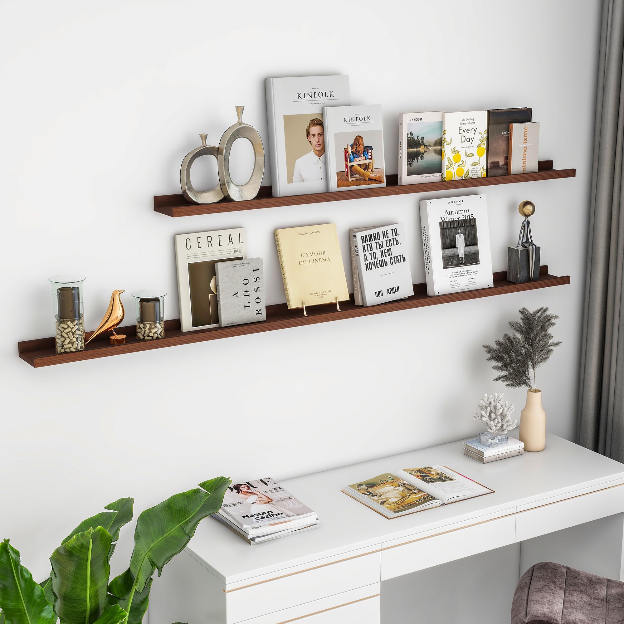 picture ledge wall shelves 36 inch width set of 2, solid pine wood rustic floating ledge shelves for wall for kids' room bedroom kitchen bathroom living room nursery display wall decor, walnut