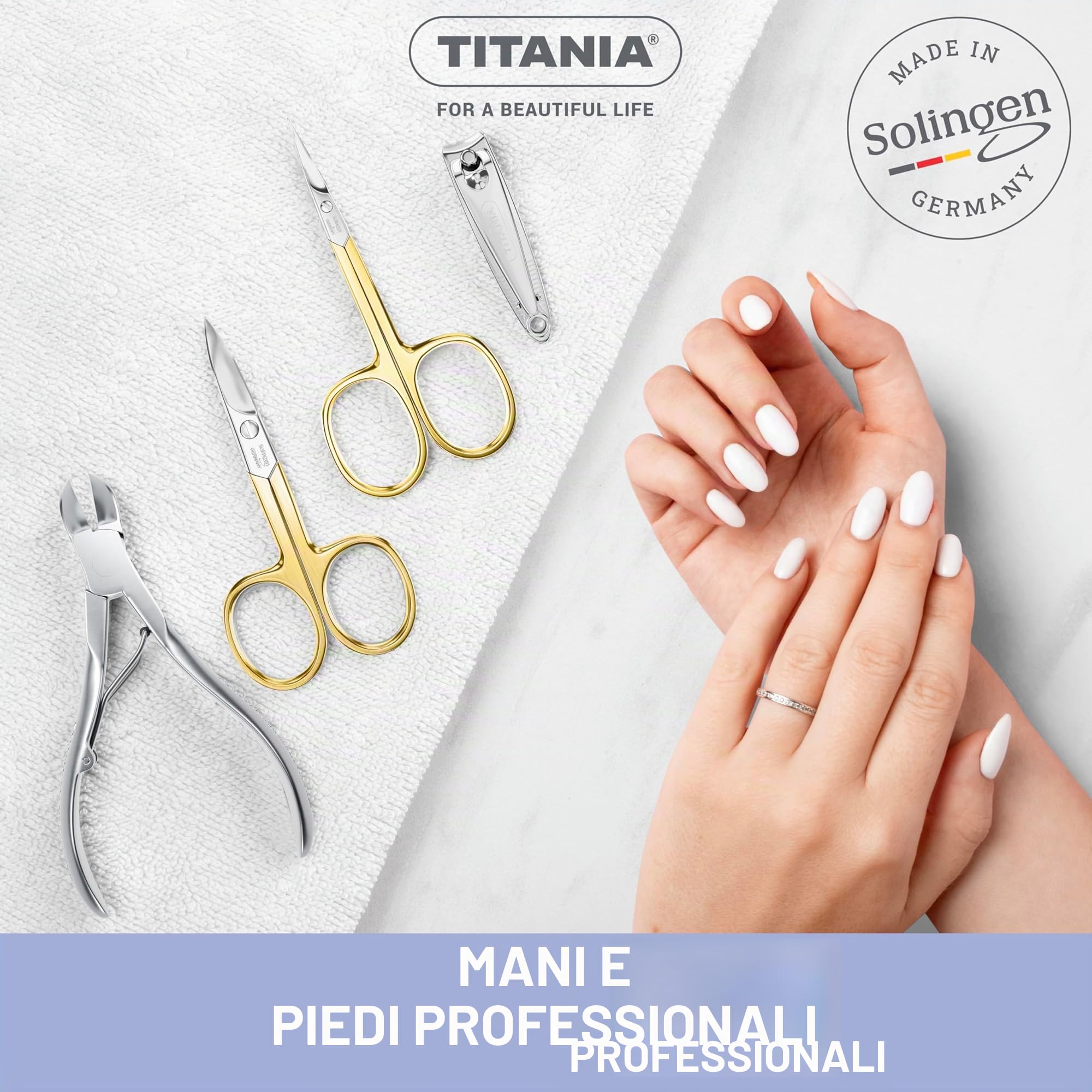 TITANIA Forbici per Cuticole Solingen con Punta Sottile Curve Dorate (9,5 cm) • Forbici Professionale per Cuticole Vergoldate • Forbici in Acciaio Carbonio di Alta Qualità • Made in Germany