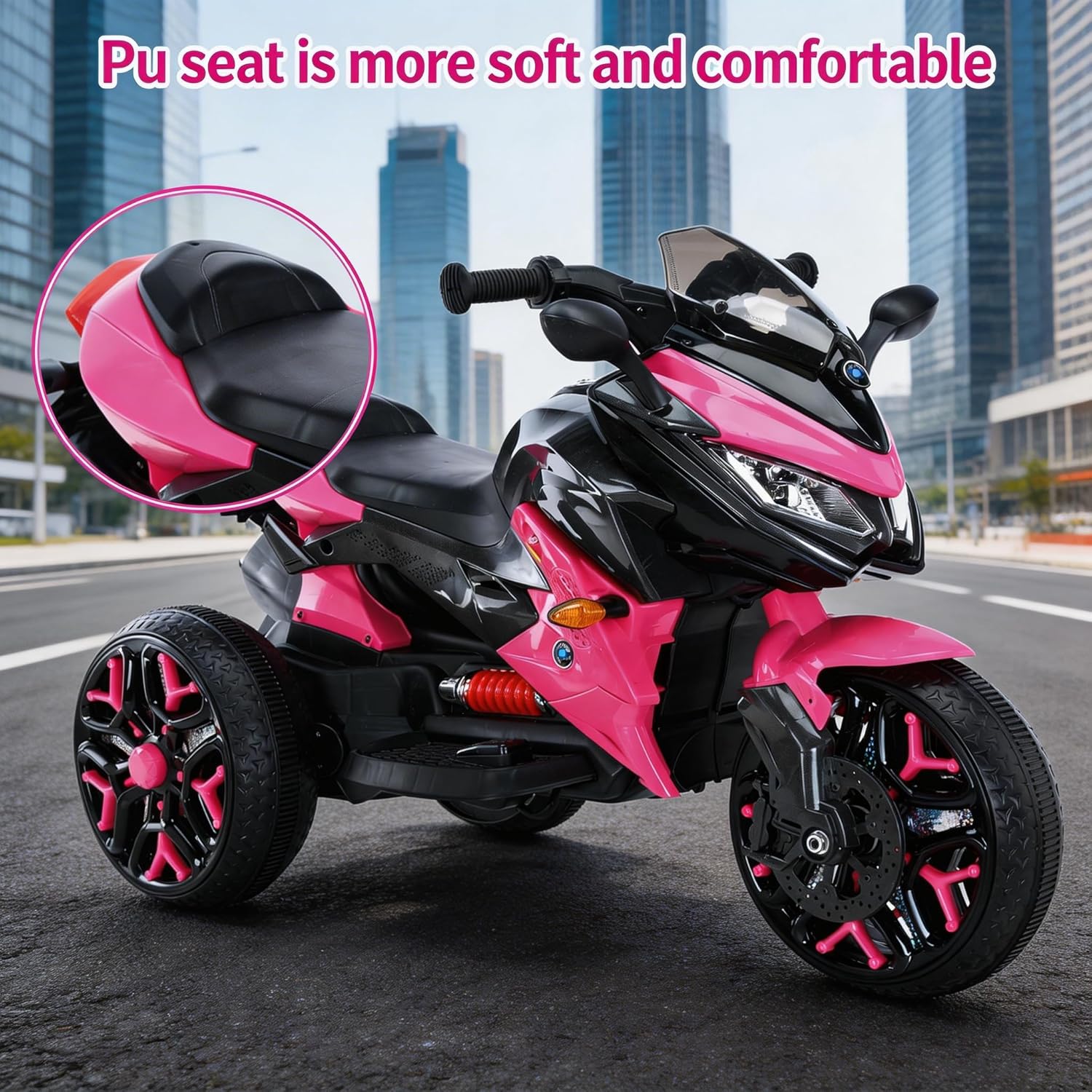12V Kids Ride-On Motorcycle - 3-Wheel Electric Motorbike for Boys & Girls, Music, Lighting Wheels, Hand Throttle, PU Seat, Reticulate Blue - Gift for Ages 3-8 (Pink+Plastic+50-99 pounds)