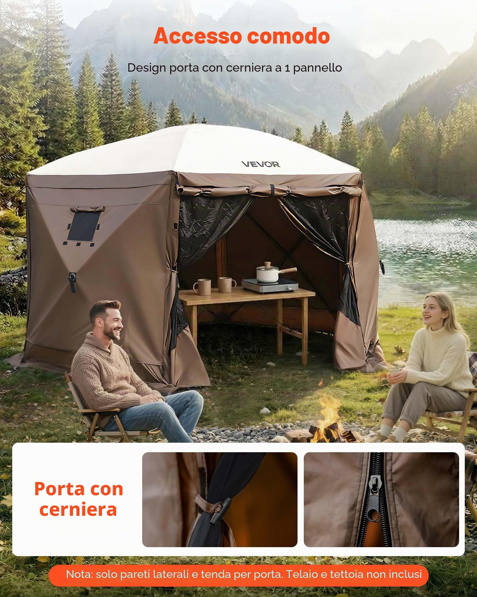 VEVOR Pannelli Laterali per Gazebo 1,73 x 1,48 m, con Protezione Impermeabile e dalla Luce Solare, 1 Porta con Cerniera e 2 Finestre, per Eventi all'Aperto, Solo 6 Pareti Laterali, Marrone
