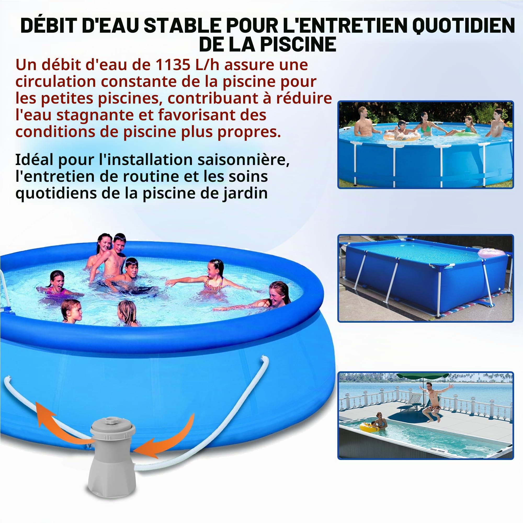 TonGass Pompe de filtration de piscine 1136 L/h (300 GPH) pour petites piscines hors sol, système de pompe à filtre à cartouche avec GFCI, pompe de circulation d'eau pour le nettoyage de la piscine et