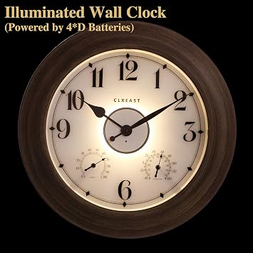 CLXEAST 24 Large Illuminated Outdoor Clocks Waterproof, Gray Oak Finish | Built In Adjustable Temperature & Humidity, Metal Case ,Weatherproof & Easy to Read for Patio,Pool & Home Decor