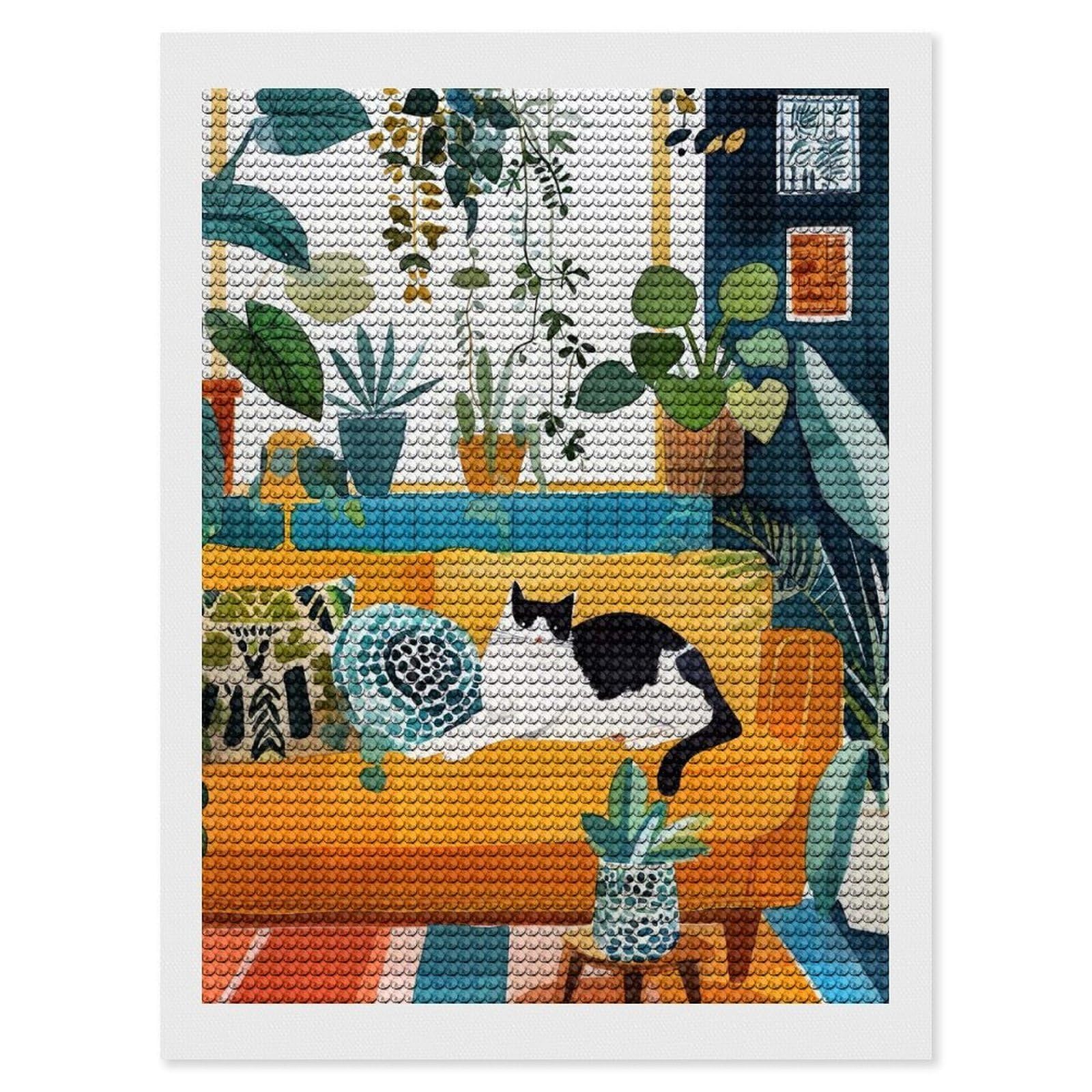 Junmoney Cats Life DIY Diamond Art Canvas Kit 12"x16", Decorate Your Room, Sparkling Round Gems, Fun Craft Experience, Farmhouse Decor