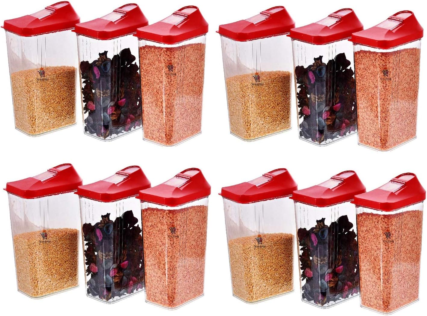 Slings Easy Flow Grocery Storage Kitchen Container Set of 12Pieces , 1500 ml, (Red)