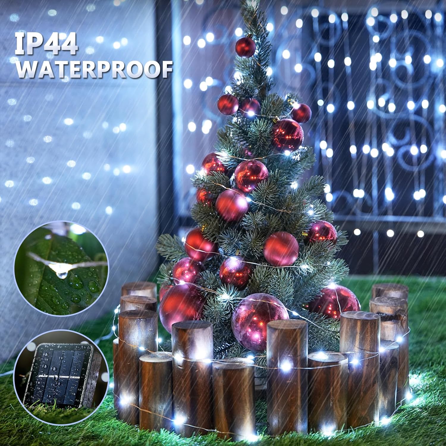 Close-up of a small Christmas tree decorated with white solar string lights, with raindrops visible, and insets showing a water droplet on a leaf and the solar panel, indicating IP44 waterproof rating.