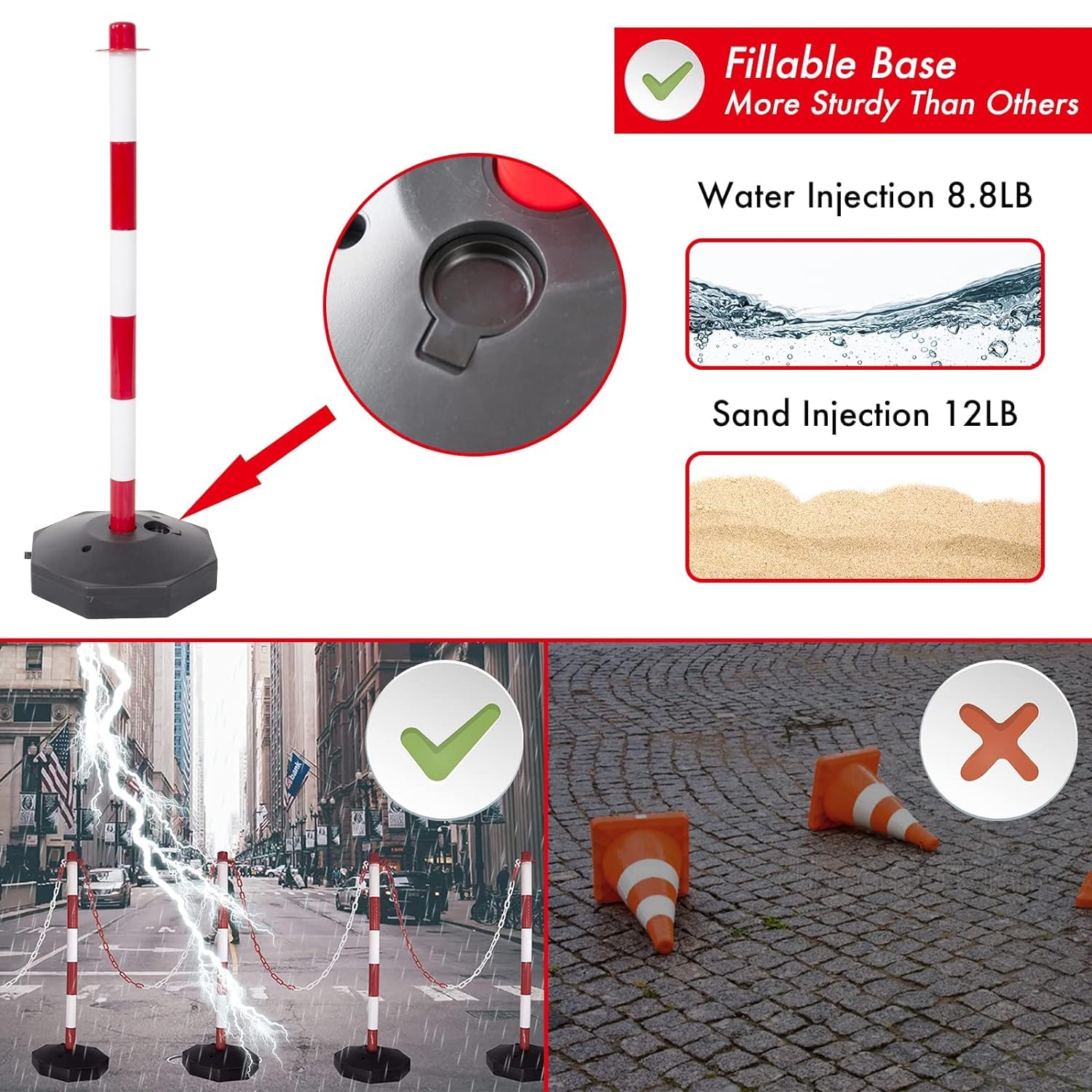Barreras de estacionamiento, 6 Postes de señalización Vial en Forma de Cono con Base rellenable y barandilla de Seguridad Vial expandible con Postes de bolardos de Cadena de plásti