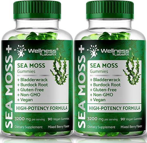 WELLNESS LABSRX Gomitas de musgo marino, 3200 mg de Seamoss orgánico, musgo marino irlandés con máxima potencia de vejiga y raíz de bardana, apoya