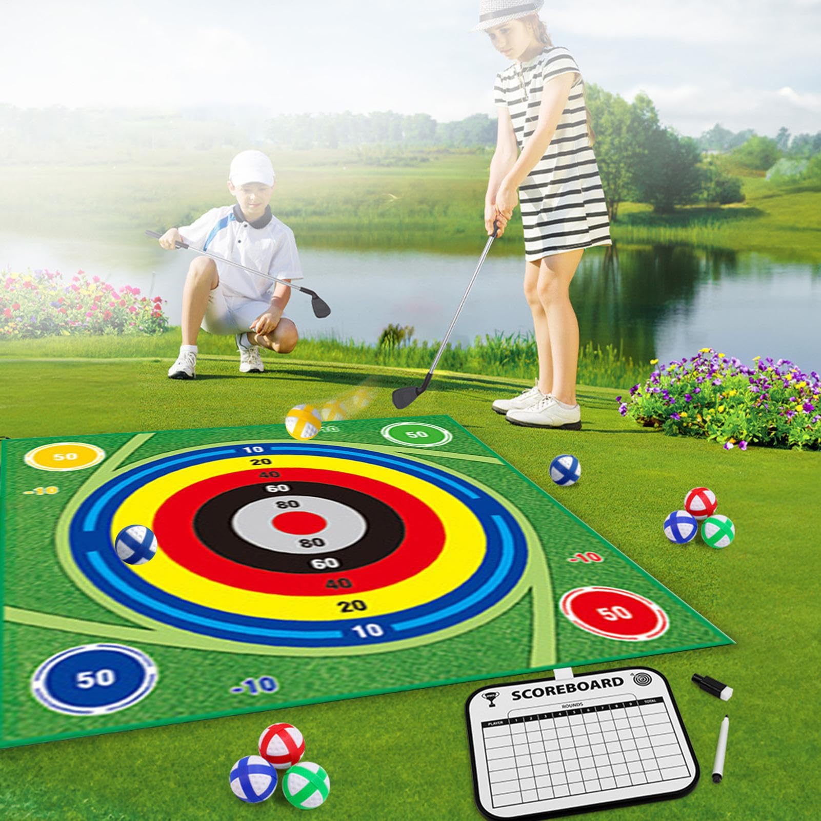 Zestaw samoprzylepnych mat golfowych z chipem - przenośna mata uderzeniowa | Dwustronny zestaw do piłek golfowych z 20 piłkami - dla rodziny, golfistów, treningu i ćwiczeń w pomieszczeniach i na