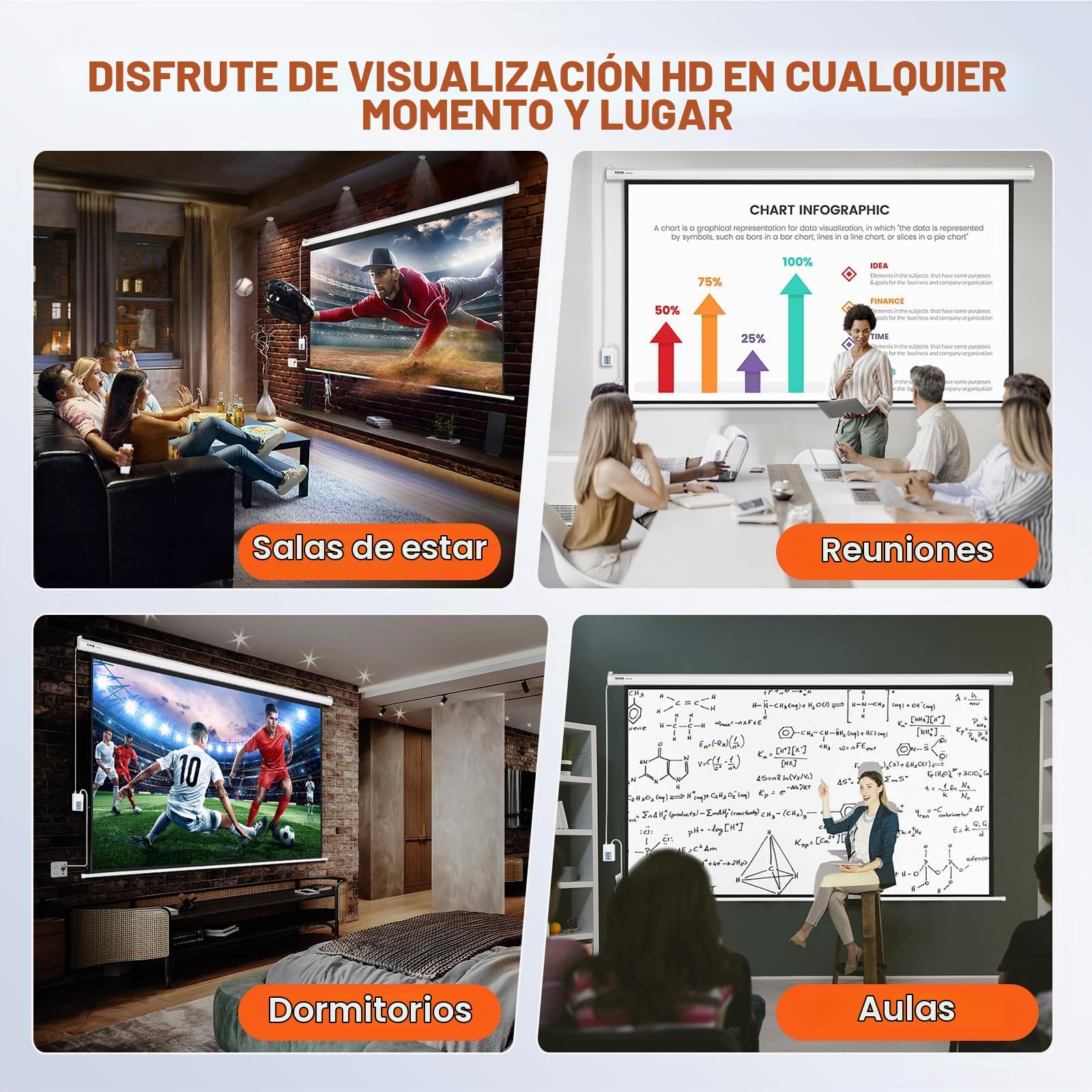 VEVOR Pantalla de Proyección Motorizada 100 Pulgadas 16:9 HD 4K 1080 Lienzo de Proyección Antiarrugas con Control Remoto Amplio Ángulo de Visión Montaje Directo en Pared para Proyectores de Video