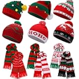 12 Pcs Christmas Knitted Beanies and Scarf Set Xmas Santa Hat with Pom Warm Skull Cap for Adult Teens Holiday Gift