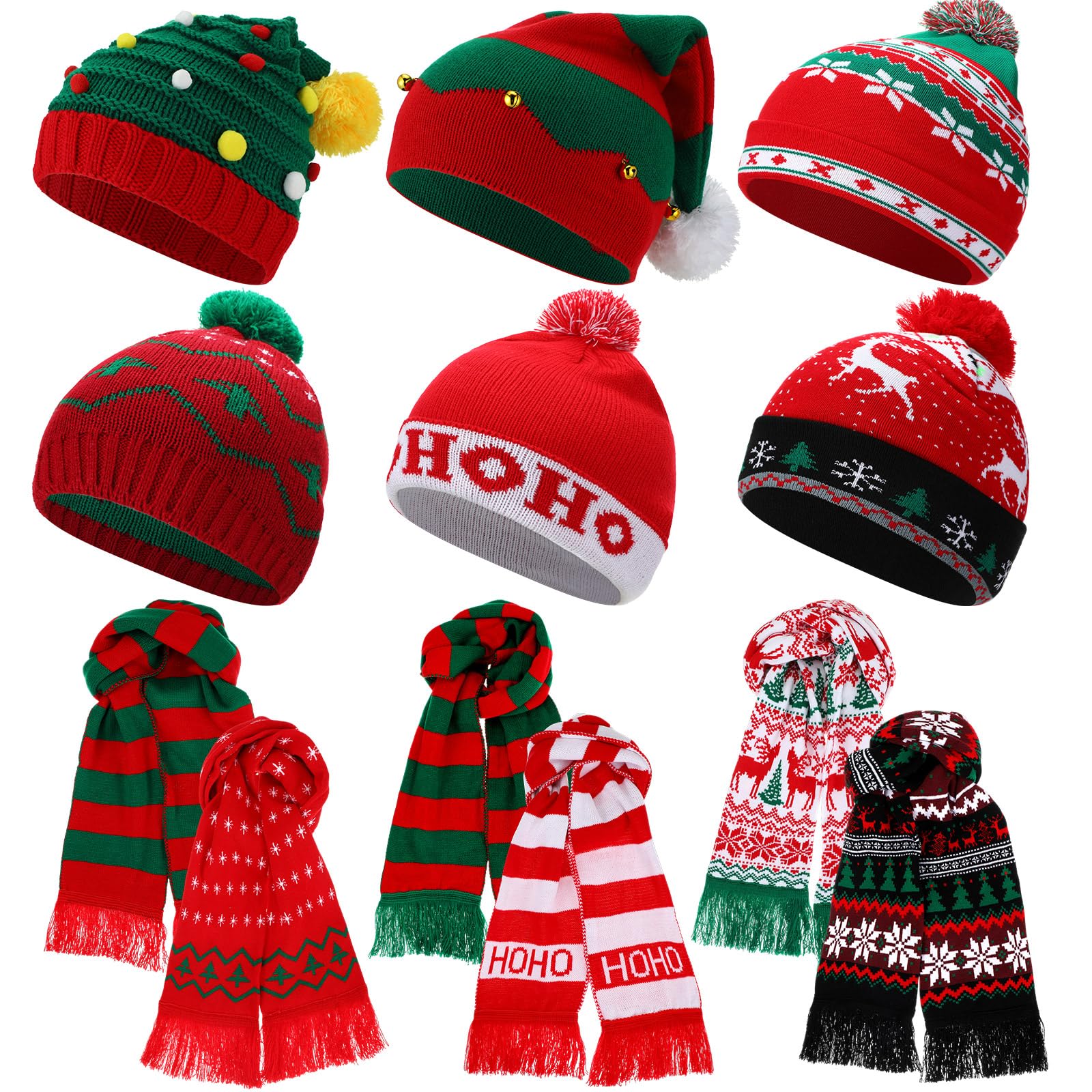 Liitrsh Lot de 12 bonnets tricotés et écharpe de Noël avec bonnet de Père Noël avec pompon chaud pour adultes et adolescents