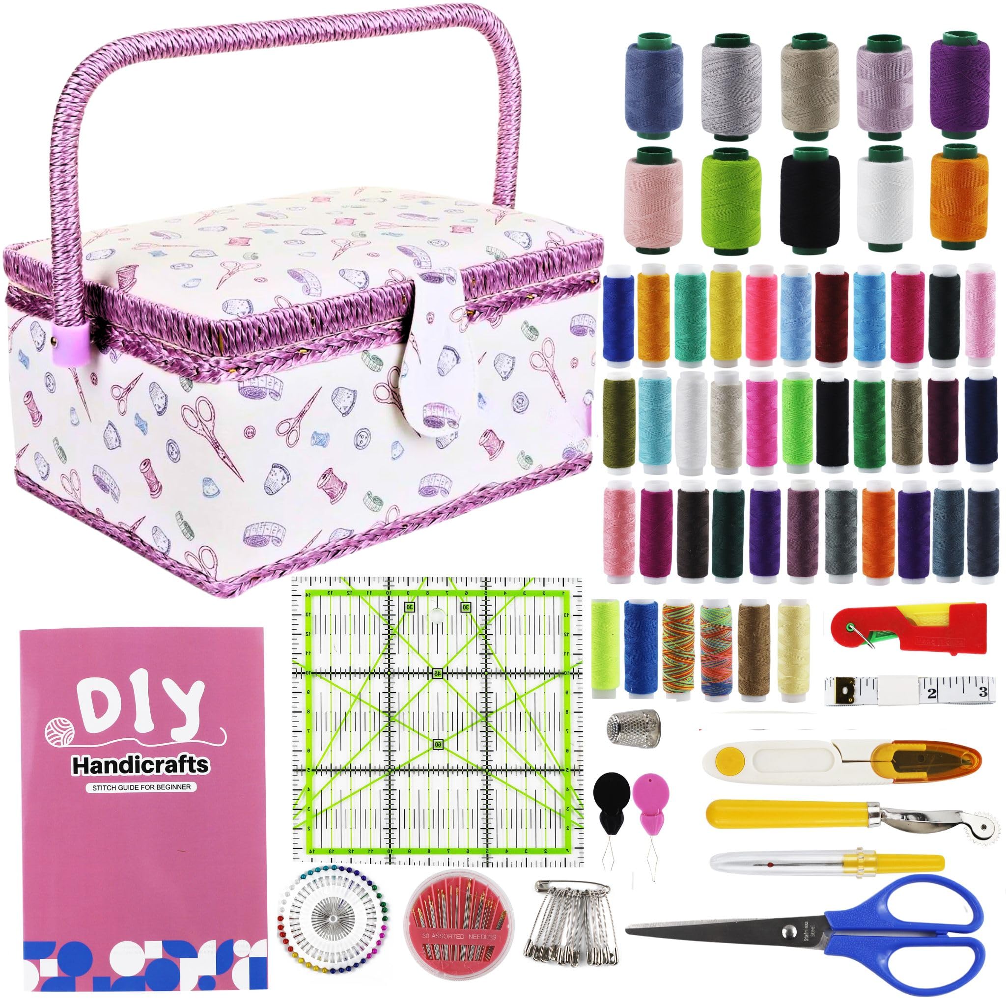 SusggO 140 piezas Costurero Grande Completo Guia Basica Puntadas. Costurero Madera forrado Tela Accesorios Kit de Costura para Adultos Costureros Reglas de Costura Patchwork (Rosa)