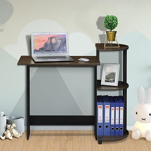 Miniatura 2 de Furinno - Escritorio compacto para computadora con estantes, Tablero de partículas, Columbia NogalNegro