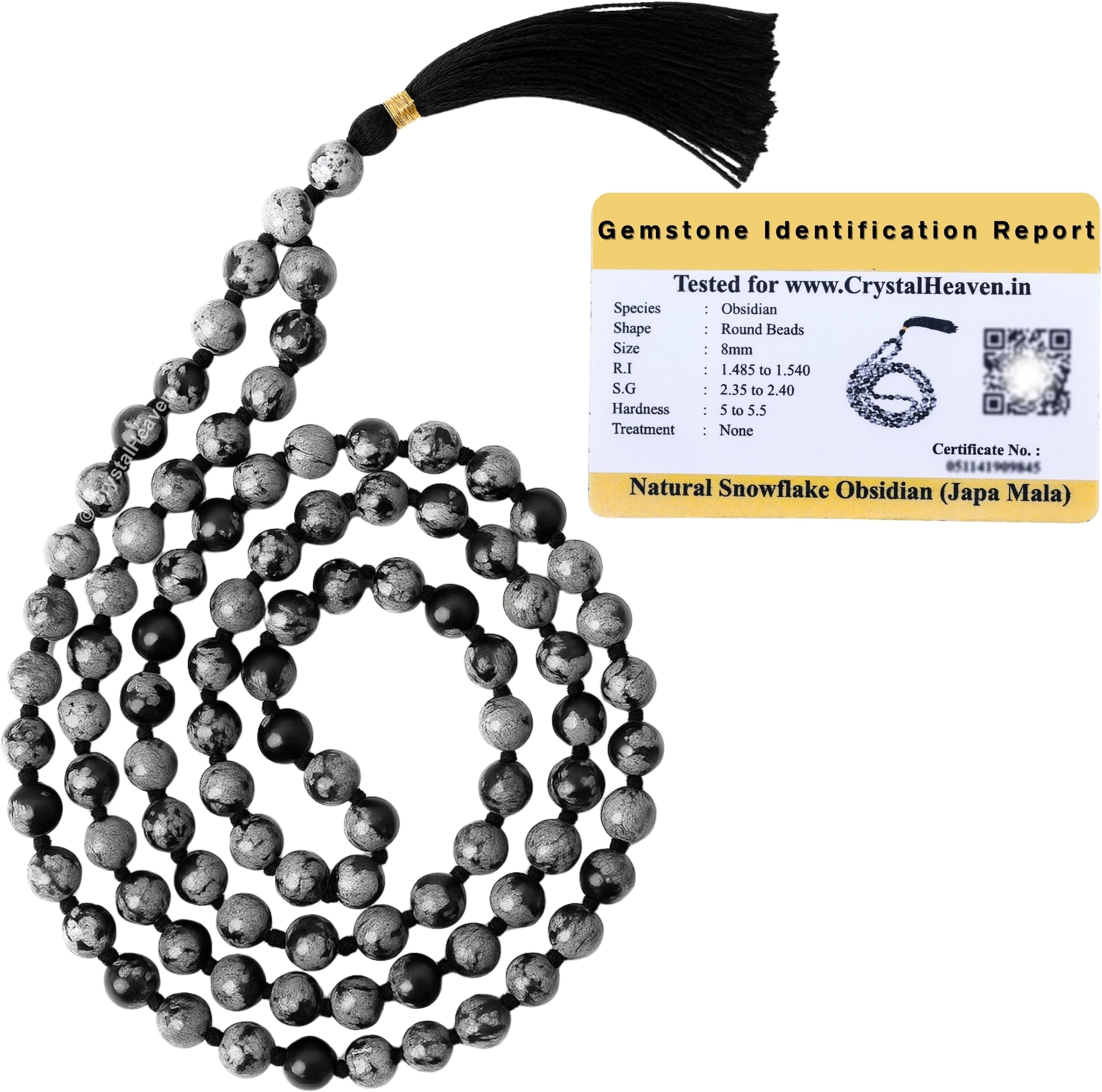 - Certified Snowflake Obsidian Crystal Japa Mala Ganthi - 108 Beads Buddhist Prayer Beads - AAA Grade Original Healing Gemstone Agate Mala for Yoga Meditation Spiritual Reiki Feng Shui