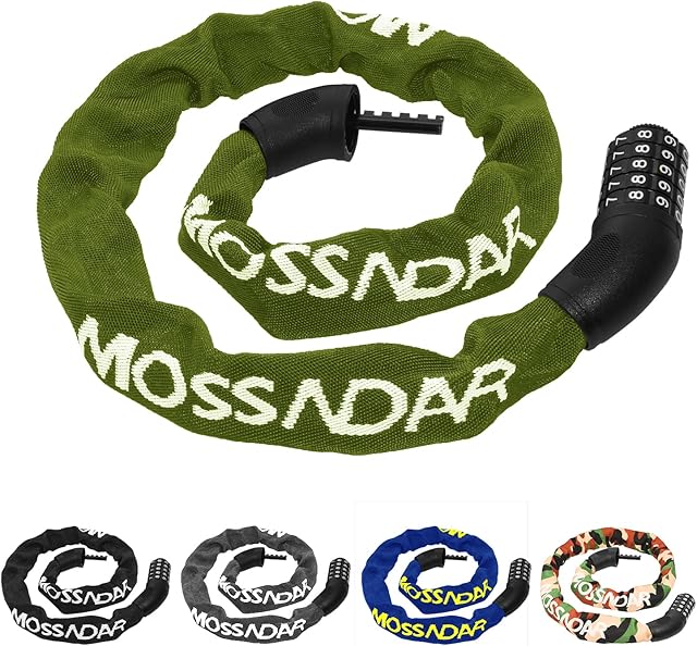 MOSSNDAR Bike Lock Heavy Duty, 8mm 100cm 940g Bike Lock Combination with 5-Digit Codes, Bike Locks High Security, Bike Chain Lock with Knitted Protective Sleeve, for Bicycle Lock Motorbike MTB Gate