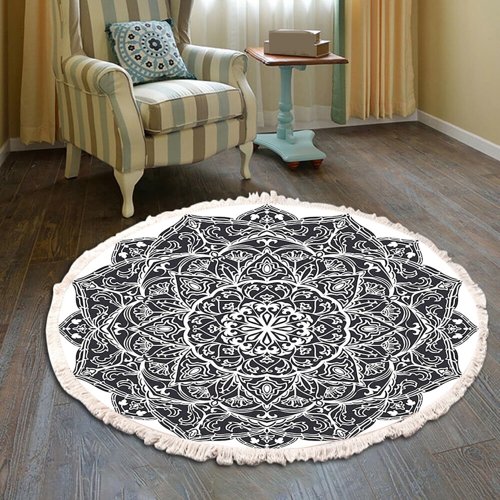 Tapis antidérapant et lavable rond 80cm style ethnique à pompons pour chambre