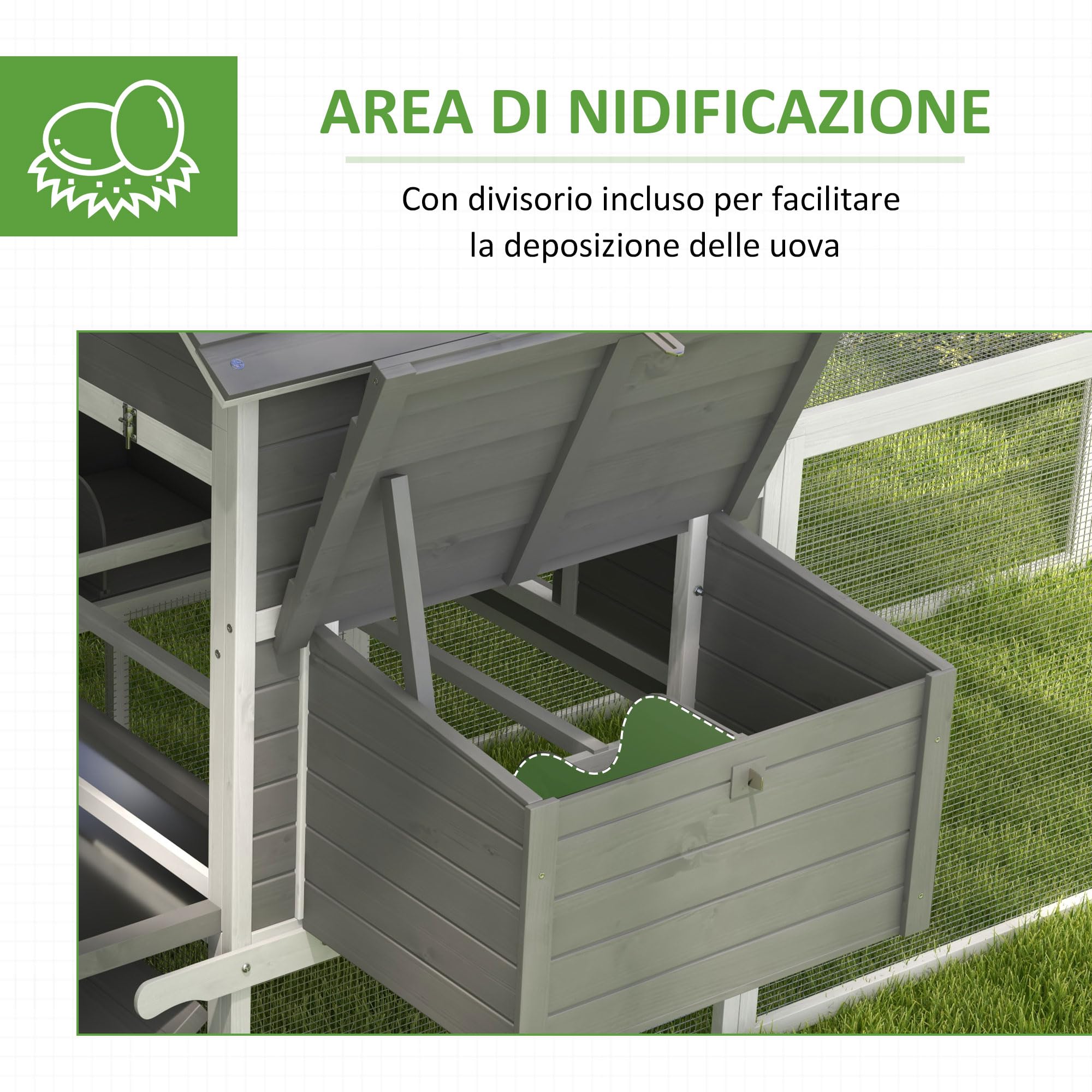 PawHut Pollaio in Legno con 2 Nidi, Pollaio per Galline Ovaiole da Esterno, Casetta per 4-6 Galline con Rampa e Area Aperta Recintata, Facile Pulizia, 310.5x149.5x149 cm, Grigio