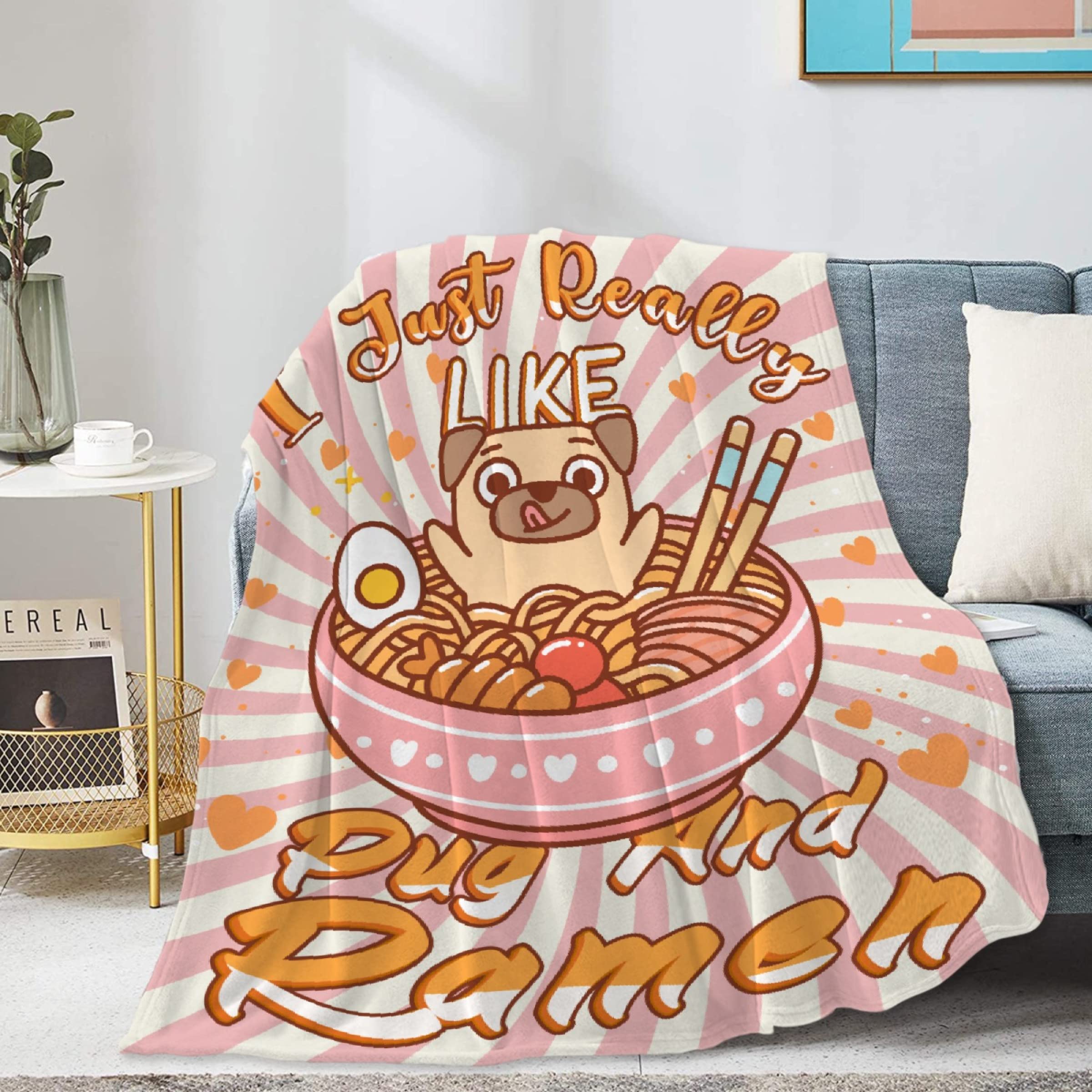 Homiehug I Just Really Like Pug and Ramen Soft Blanket Flannel Cozy Fuzzy Cute Animal Throws for Nap Bed Couch Home Decor Tapestries Child Plush Gifts All-Seasons 30