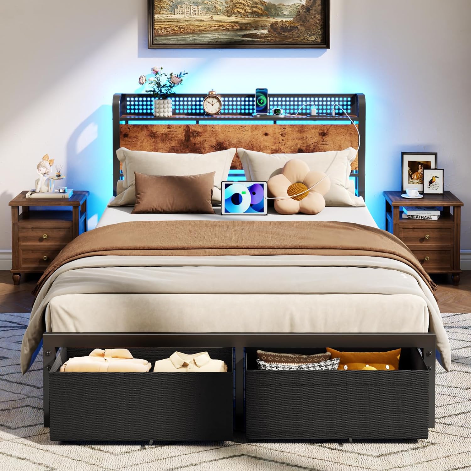 Furnulem Full Size Bed Frame with Headboard Storage, Platform Bed Frame Full Size with 2 Drawers, Charging Station and LED Lights, No Box Spring Needed, Noise Free